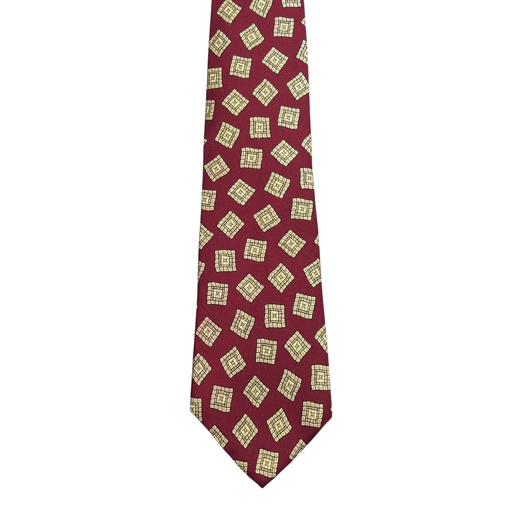 Aquascutum London Mens Silk Tie Burgundy Red Gold Geometric Square Hand Finished